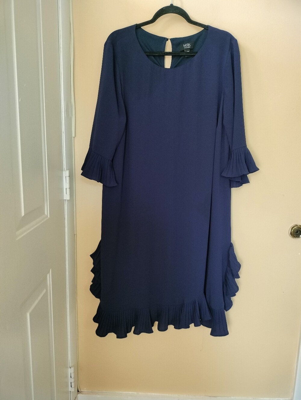 MSK Chic Navy Pleated Ruffle Hem Shift Dress 18W Wedding Guest Holiday Party